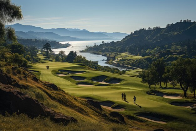 Un golfeur élégant joue avec les montagnes en arrière-plan et l'IA génératrice du lac à proximité