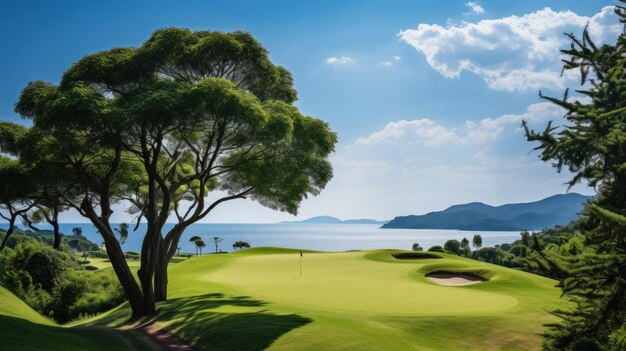 Photo un golfeur exécutant un swing impeccable sur un parcours vierge entouré d'une verdure luxuriante et d'un ciel bleu