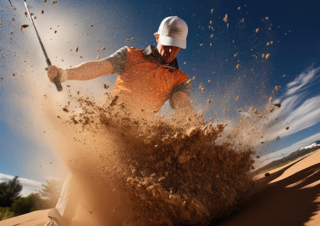 Un golfeur frappe un coup de puce depuis un bunker de sable, le sable explosant dans les airs lors de l'impact.