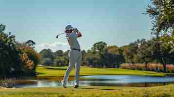 Photo golfeur masculin en train de jouer sur un parcours de golf l'image est prise d'un angle latéral et montre le golfeur au milieu du swing