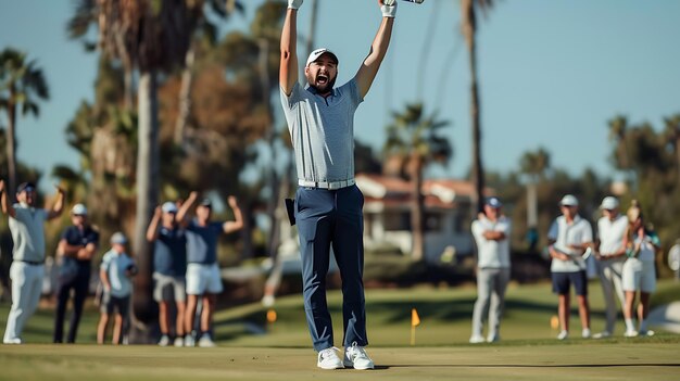 Photo un golfeur professionnel célèbre sa victoire avec les bras levés en l'air par une journée ensoleillée. il porte une chemise à rayures bleues et blanches et un pantalon bleu foncé.