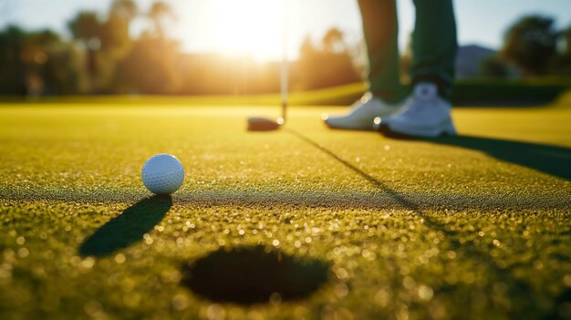 Photo golfeur visant un putt sur le vert au coucher du soleil avec l'ombre des balles pointant vers le trou