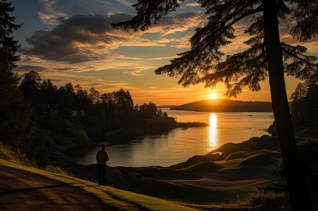 Golfeurs dans un jeu tranquille au coucher du soleil sur une IA générative verte luxuriante