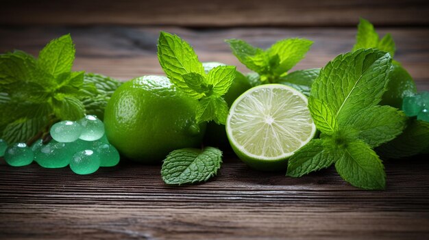 Photo gomme à mâcher avec de la chaux et de la menthe sur fond de bois