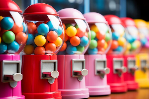 Photo des gommes colorées dans un distributeur automatique généré par l'ia