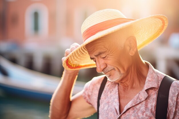 Gondolier ajustant son chapeau de paille au soleil