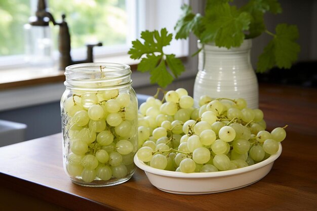 Gooseberries dans un pot blanc de maçon Meilleure photographie d'image de gooseberry