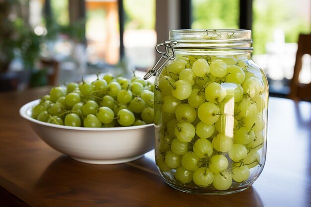 Photo gooseberries dans un pot blanc de maçon meilleure photographie d'image de gooseberry