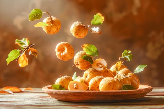 Gooseberries fraîches sur une assiette en bois avec des baies et des feuilles volantes à la lumière chaude