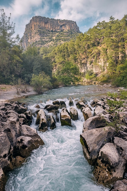 Une gorge étroite avec une rivière de montagne orageuse et des rapides pittoresques