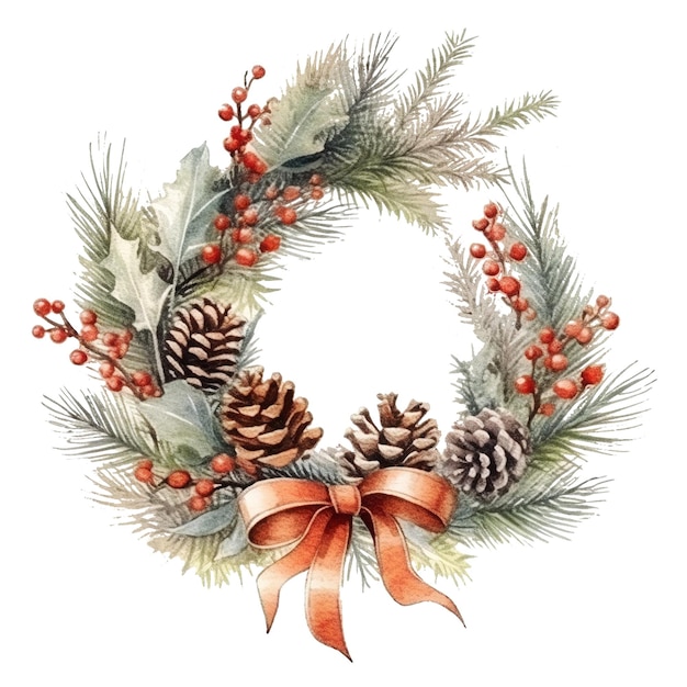 Gorge de Noël avec des baies de houx, des branches de pin et de sapin, des cônes, des baies de rowan, un arc rouge.