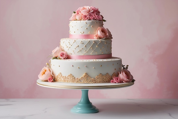 Gorgeux gâteau de mariage avec ruban sur le dessus se trouve devant l'arrangement floral glaçage rose et blanc avec de petits et grands points