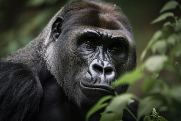 Gorilla gorilla gorilla Gorilla gorilla gorilla mâle avec des branches savoureuses