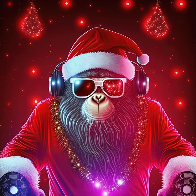 Gorilla Santa Claus dj dans les écouteurs et les lunettes de soleil illustration 3D