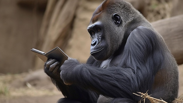 Gorilla avec tablette intelligente et IA générative