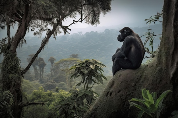 Gorille assis dans un arbre donnant sur un paysage paisible créé avec une IA générative