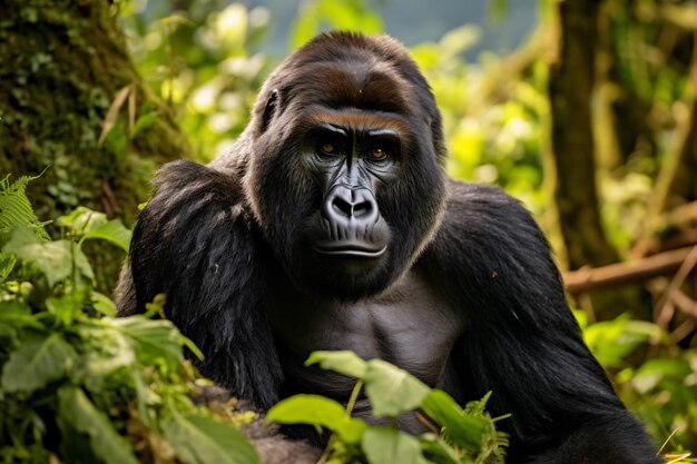 un gorille assis dans la jungle regardant la caméra