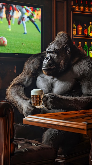 Un gorille buvant un verre de bière dans un bar en regardant un match de football à la télévision.