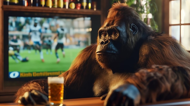 Un gorille buvant un verre de bière dans une taverne en regardant l'affiche du match du Super Bowl pour une publicité dans un pub.