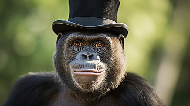Photo gorille dans un chapeau haut en plein air à l'arrière-plan