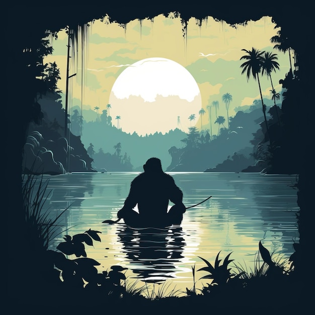 Gorille dans l'eau au clair de lune Tropical Adventure Pulp Vector Art