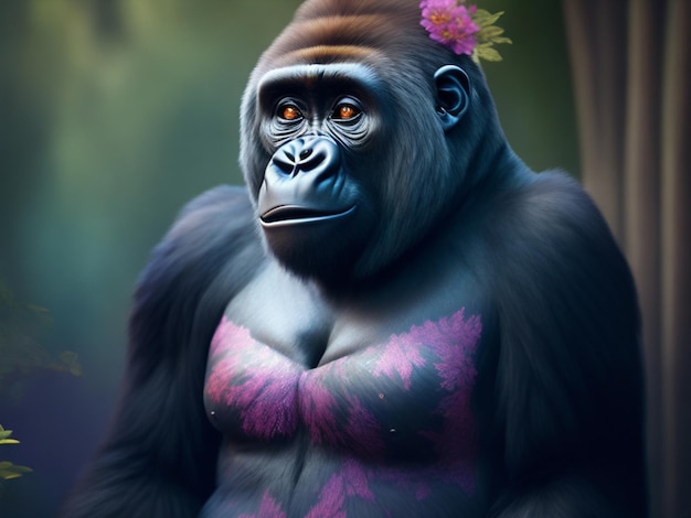 Un gorille avec une fleur sur sa poitrine