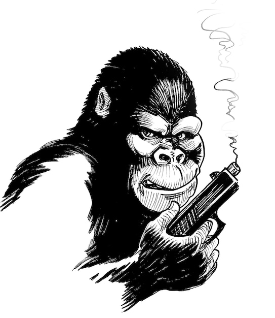 Un gorille fumant un cigare avec un dessin en noir et blanc d'un gorille tenant un cigare.