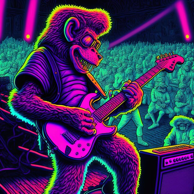 un gorille avec une guitare à la main joue de la guitare