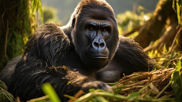 Un gorille de montagne à dos argenté se repose dans le sous-bois de l'Ouganda39s