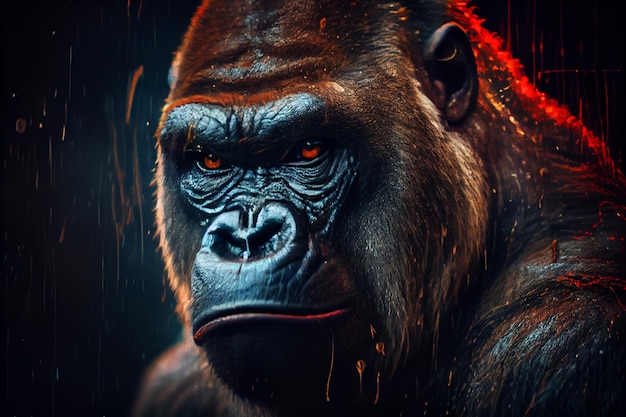 Un gorille avec un oeil rouge est à l'arrière-plan d'un fond sombre