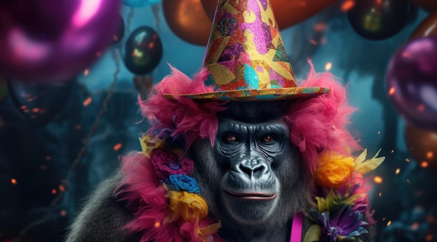 un gorille portant un chapeau de fête et un collier de fleurs