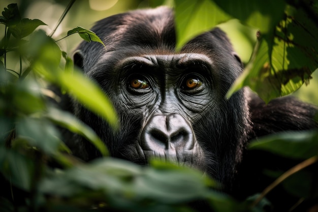 Gorille regardant à travers les arbres et les buissons avec ses yeux vifs créés avec une IA générative