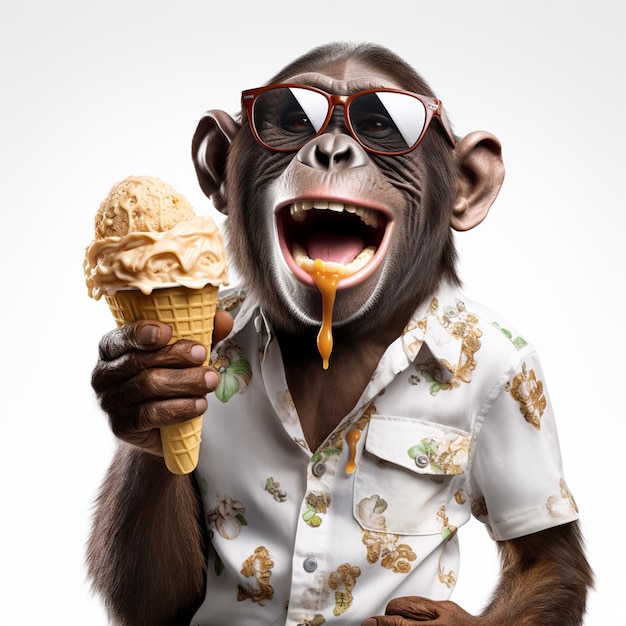 Photo des gorilles à la langue suspendue et aux grands yeux renflés mangent des glaces.