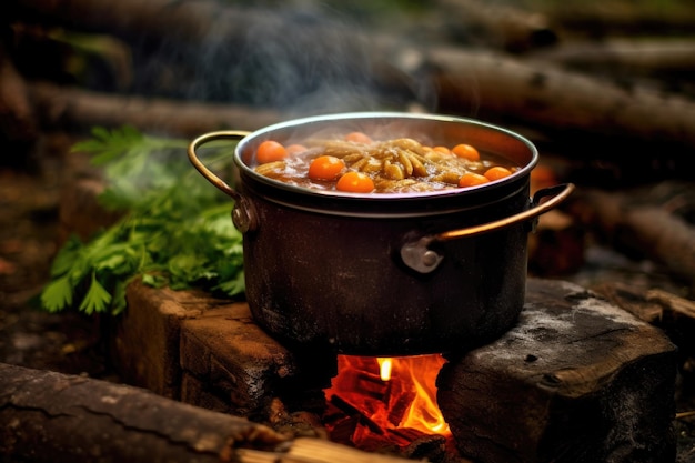 Goulasch de feu de camp avec de la vapeur sortant du pot créé avec une IA générative