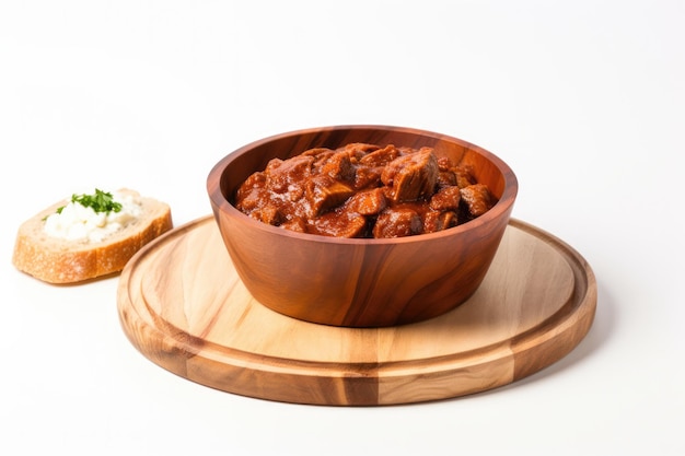 Goulash sur une planche de bois sur un fond blanc