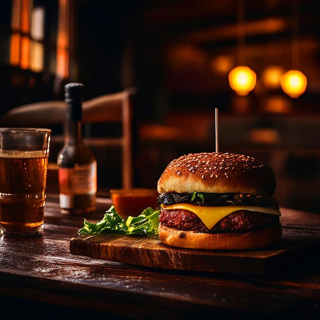 Photo gourmet cheeseburger sur une table rustique dans une taverne un restaurant faiblement éclairé en arrière-plan