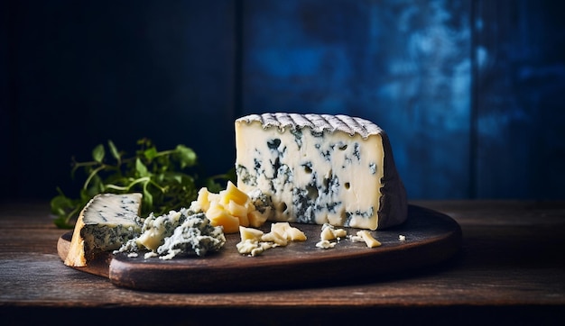 Photo gourmet ingrédient fond bleu frais sain laitier morceau français moule nutrition douce tranche roquefort lait coupé collation fromage délicieux nourriture blanc apéritif savoureux