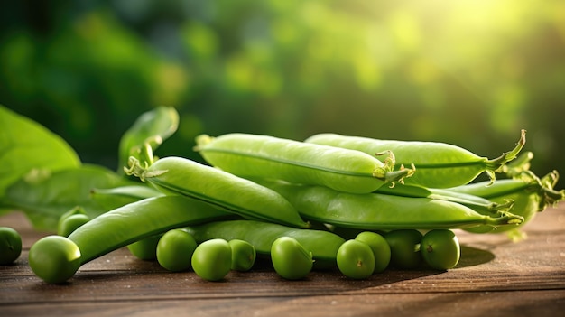 Des gousses de pois verts avec des feuilles sur une table en bois