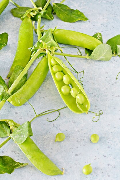 Gousses de pois verts frais sur fond bleu légumes sains