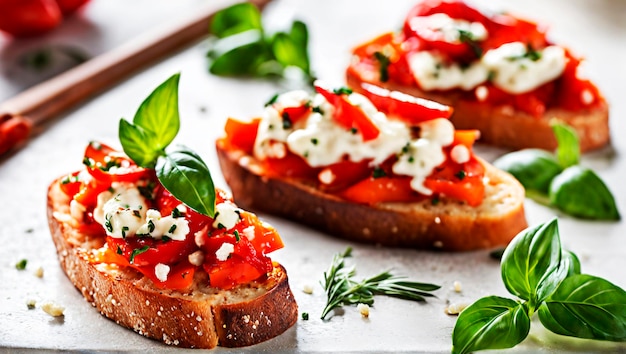 Le goût délicieux du poivre rouge rôti Ricotta Bruschetta