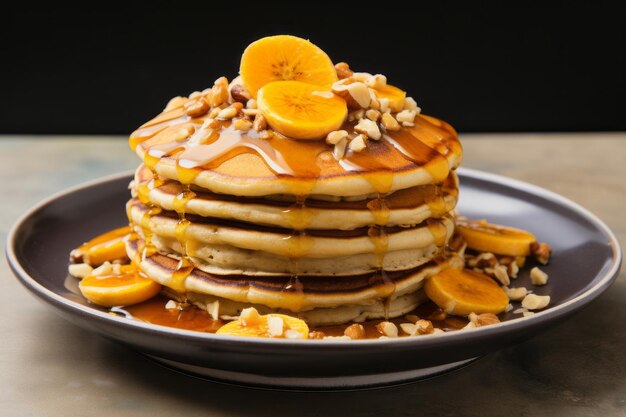 Goûtez à un délicieux petit déjeuner, des crêpes, des oranges et des arachides.