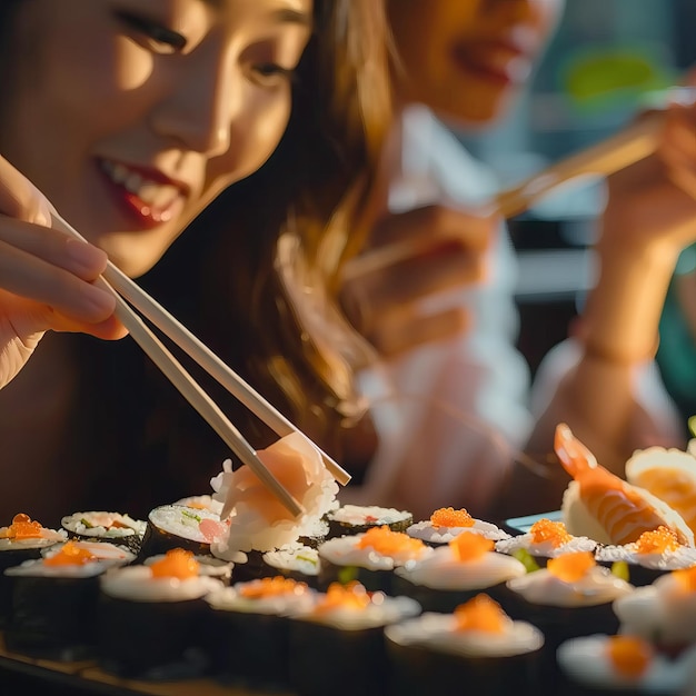 Photo goûtez à l'extase du panorama du japon à travers les rouleaux et le sushi illuminés par la maîtrise du chef.