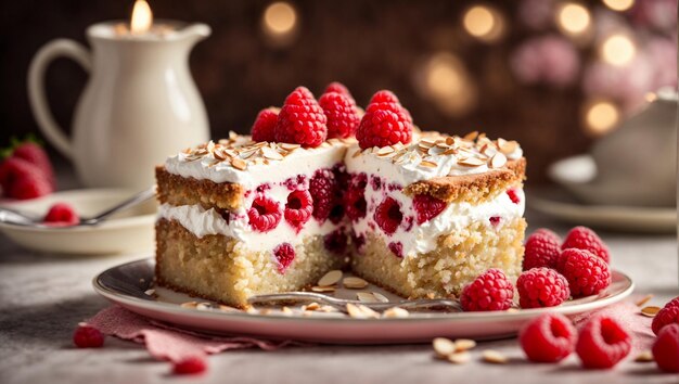 Goûtez à une tranche de gâteau aux framboises avec sa croûte beurreuse de framboises juteuses