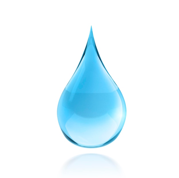 Une goutte d'eau bleue et brillante sur un fond blanc