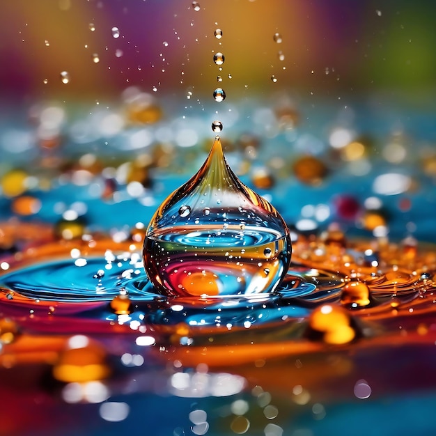 Goutte d'eau et des cercles sur l'eau et un fond coloré Ai généré