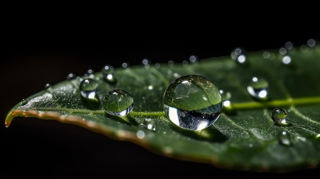 Une goutte d'eau en équilibre sur le bord d'une feuille générée par l'IA