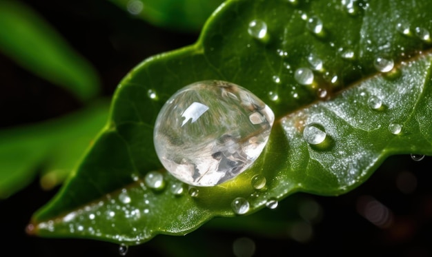 Une goutte d'eau est sur une feuille