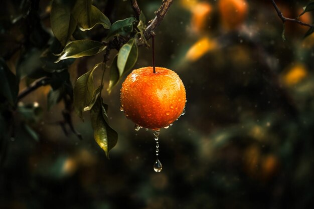 Une goutte d'eau est suspendue à une branche d'arbre.