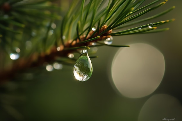 Une goutte d'eau est suspendue à un pin.