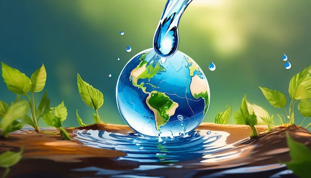 Une goutte d'eau est versée dans un globe concept d'écologie de la terre et de l'eau